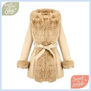Women's Faux Leather Fur Lined Hooded Winter Coat with Belt